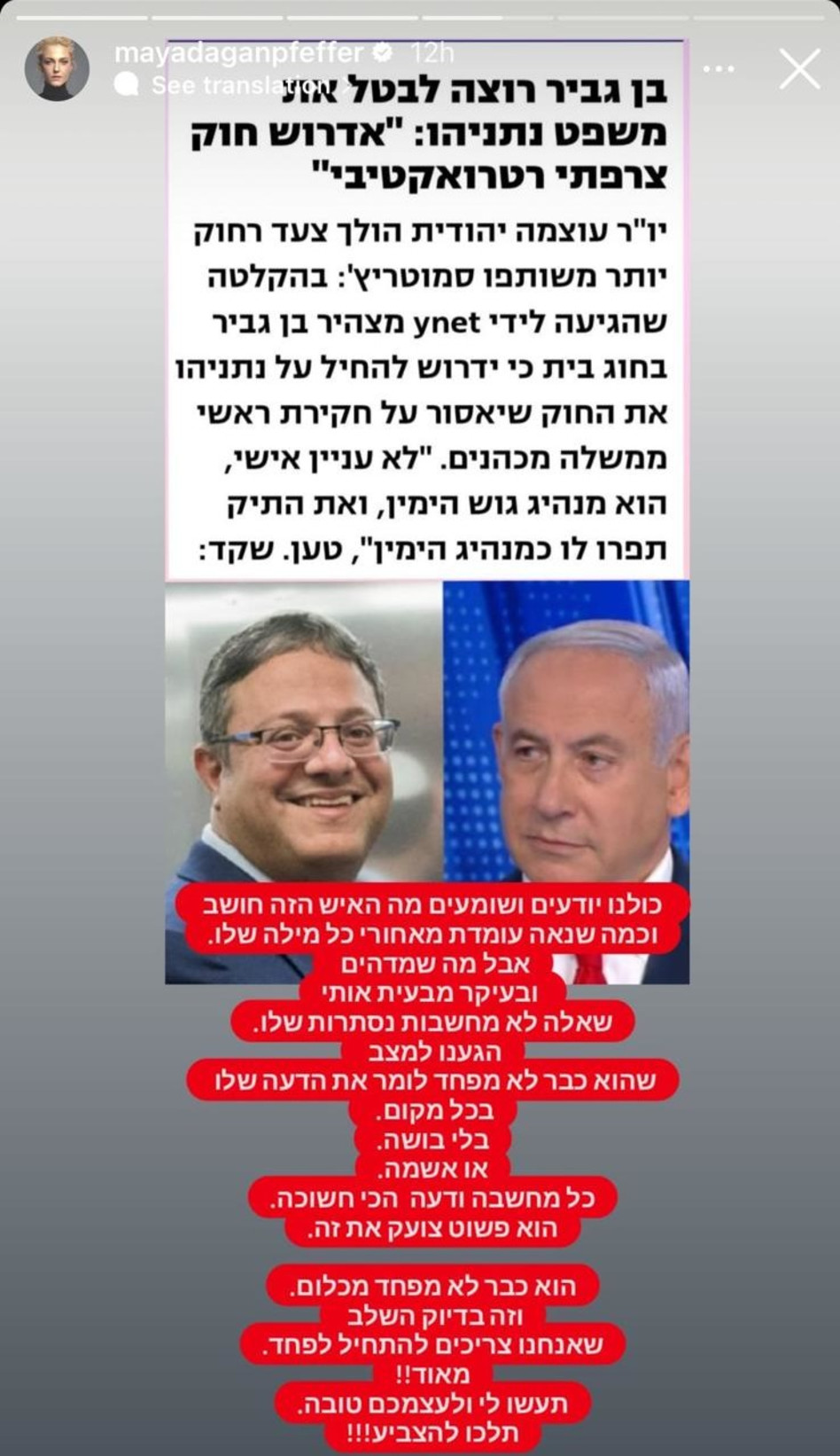 מיה דגן נגד איתמר בן גביר (צילום: צילום מסך אינסטגרם)