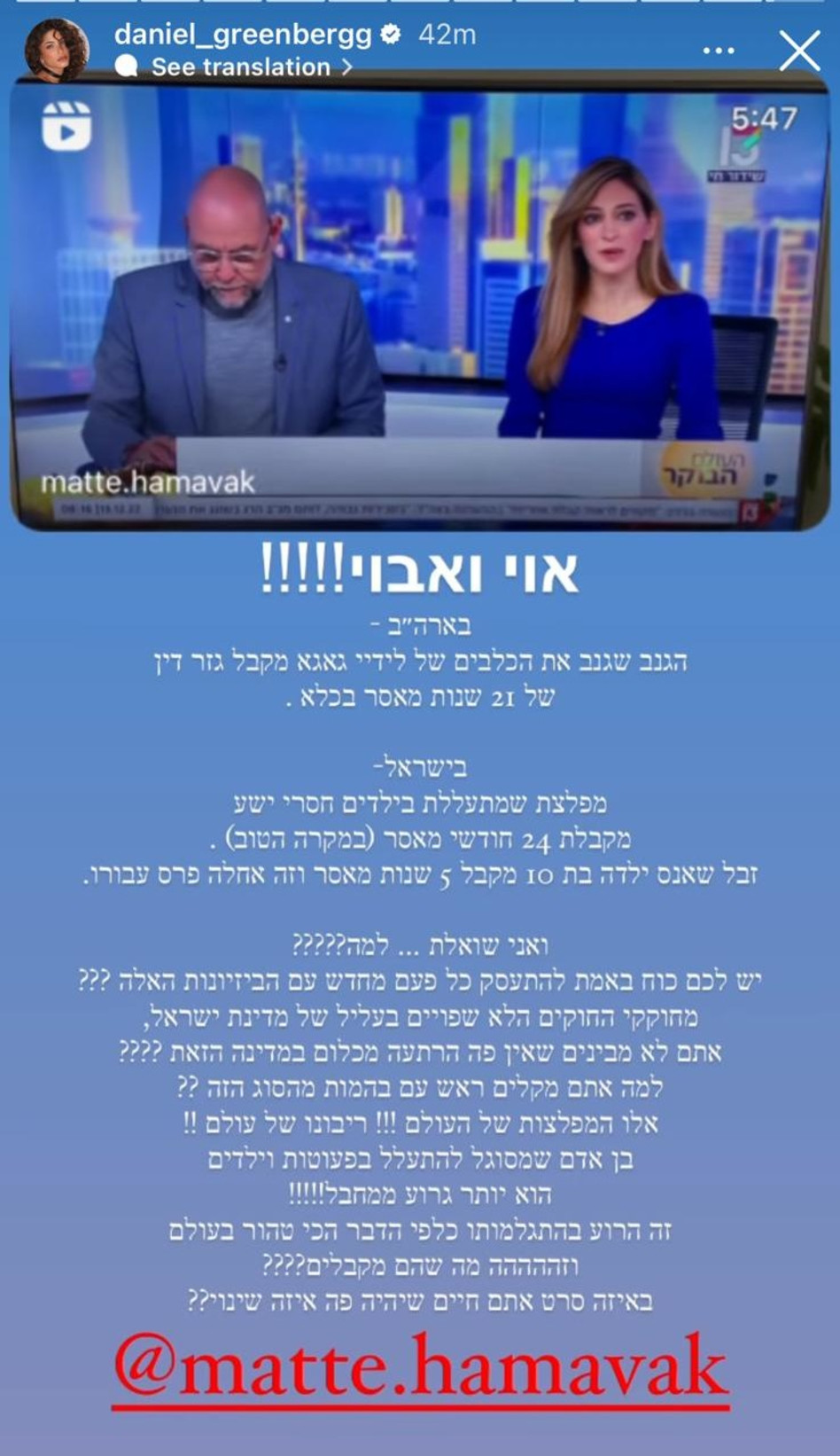 דניאל גרינברג נגד רשויות החוק (צילום: צילום מסך אינסטגרם)