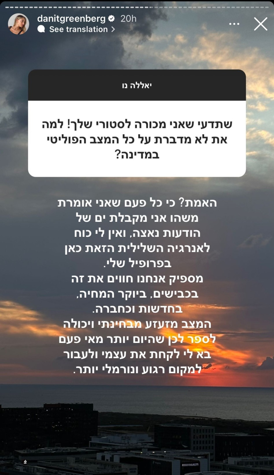 דנית גרינברג על פוליטיקה (צילום: צילום מסך אינסטגרם)