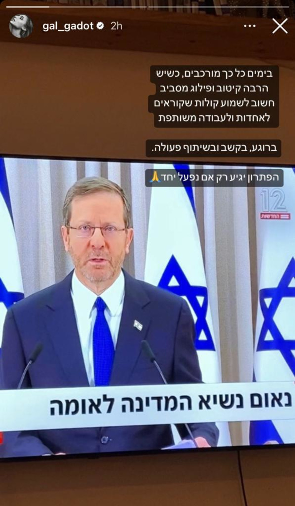 גל גדות מגיבה לנאום הנשיא הרצוג (צילום: צילום מסך מתוך אינסטגרם)