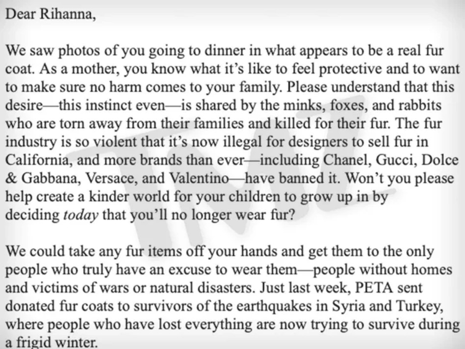 המכתב שקיבלה ריהאנה מארגון PETA (צילום: צילום מסך רשתות חברתיות)