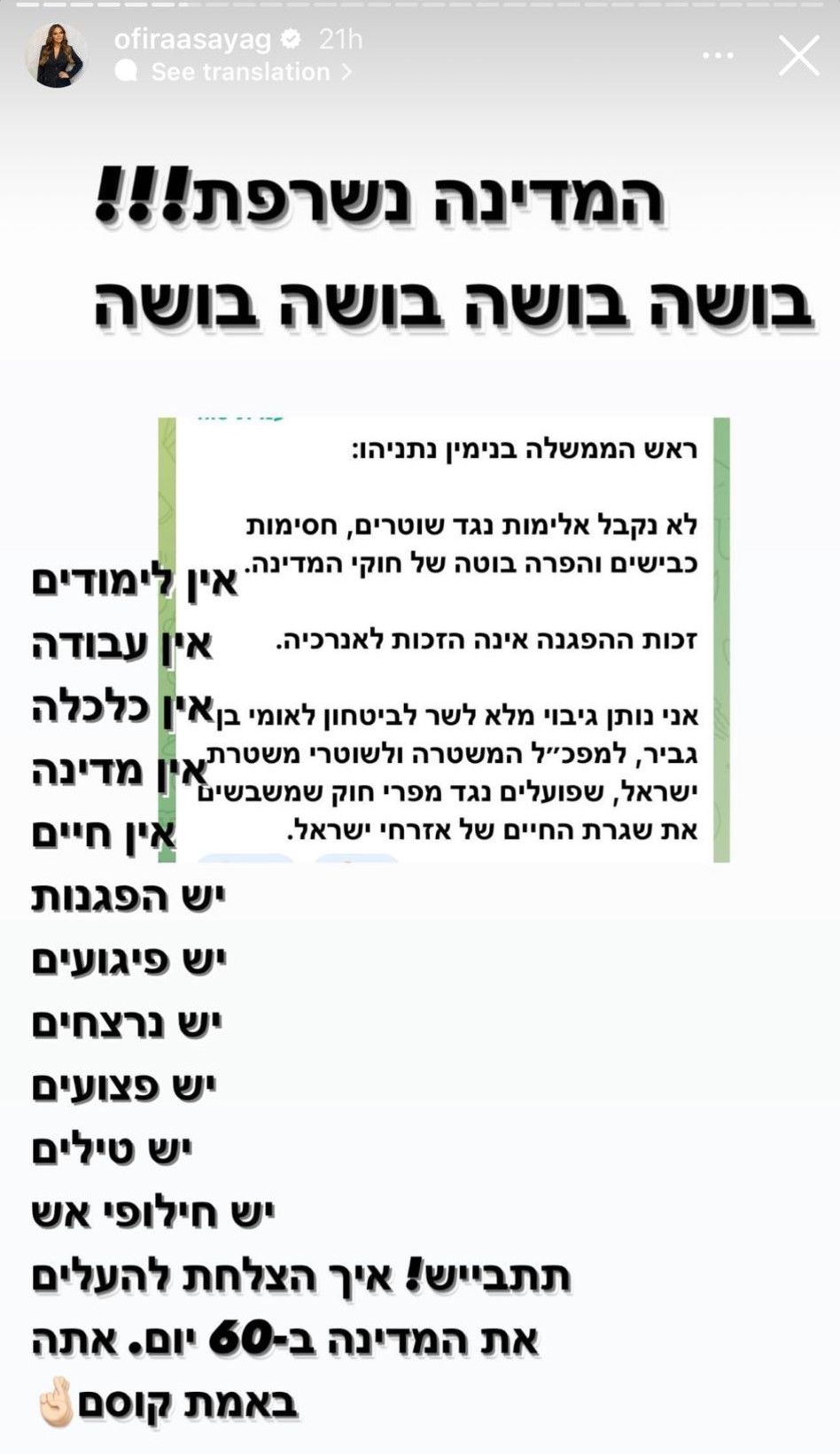אופירה אסייג על המצב הפוליטי (צילום: צילום מסך אינסטגרם)