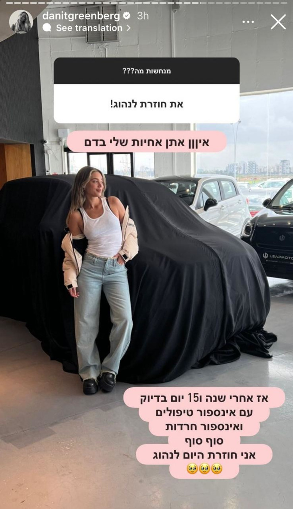 דנית גרינברג על טראומת הנהיגה (צילום: צילום מסך אינסטגרם)
