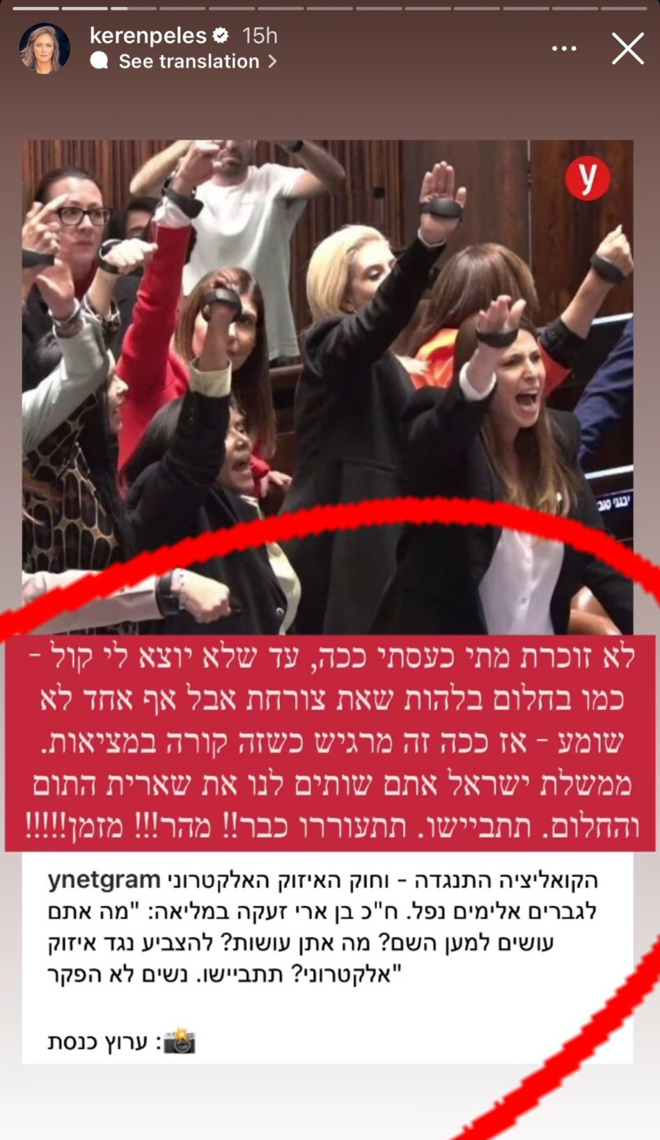 קרן פלס נגד ביטול ''חוק האיזוק האלקטרוני'' (צילום: צילום מסך אינסטגרם)