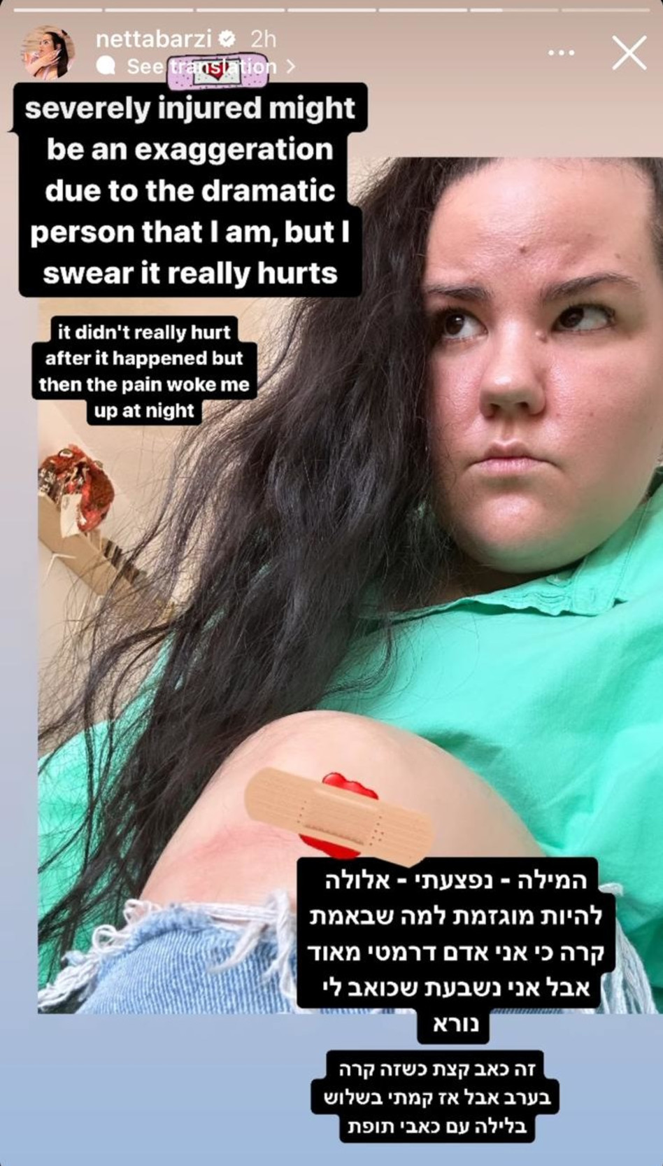 Neta Barzilai on the painful fall (photo: Instagram screenshot)