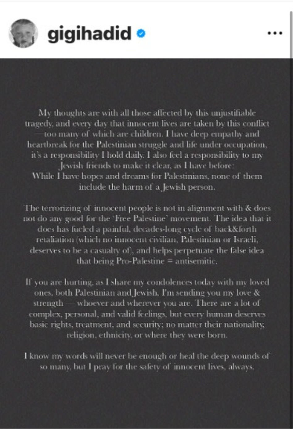 הפוסט של ג'יג'י חדיד (צילום: מתוך אינסטגרם)