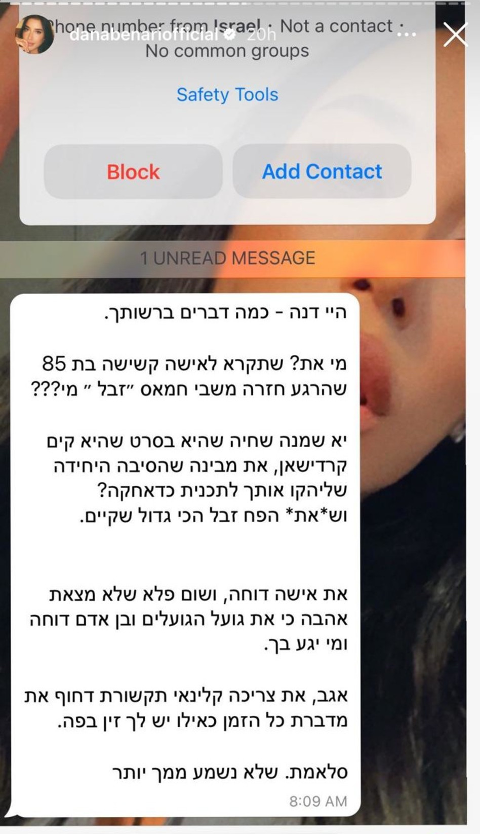 ההודעה הקשה שקיבלה דנה בן ארי  (צילום: צילום מסך אינסטגרם)