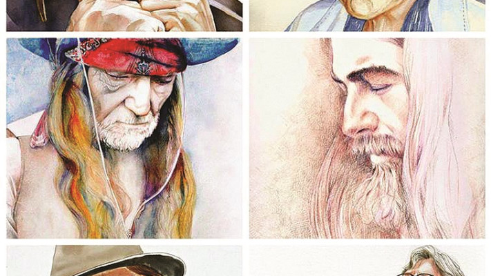 משמאל ובכיוון השעון: ג'וני קאש, בוב דילן, ג'ורג' הריסון, אריק קלפטון, ניל יאנג, ווילי נלסון. איור: נעמי ליס-מיברג