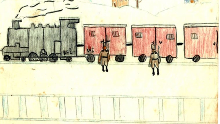 רכבת ההשמדה באושוויץ, כפי שציירה אותה חנה אביטל