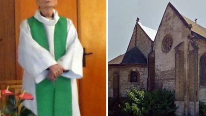 ז'ק המל, הכומר שנרצח בפיגוע והכנסייה בעיר סנט אטיין דו רובריי. צילום מסך