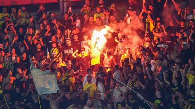 נהנים גם ביציע. אוהדי בית"ר ירושלים (צילום: דני מרון)