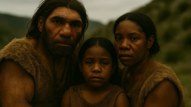 שחזור ממוחשב של משפחה מעורבת – ניאנדרטלים והומו ספיאנס (צילום: אוניברסיטת תל אביב)