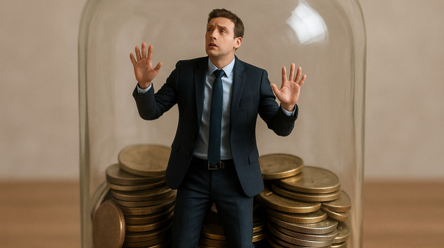 איש עסקים בכלוב מטבעות (צילום: ניר קיפניס)