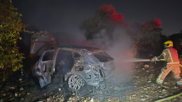 כיבוי הרכב הבוער ביער חורשים (צילום: דוברות כבאות והצלה לישראל מחוז מרכז)