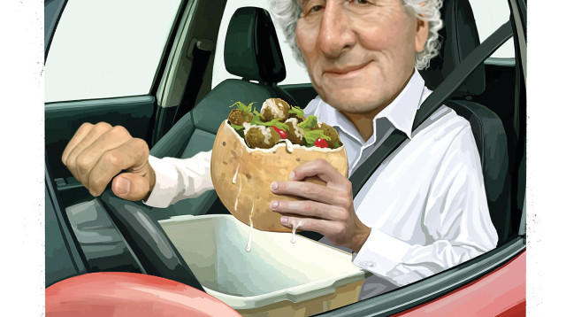 נדרש: מתקן לאכילת פלאפל במכונית (צילום: איור: אופיר בגון)