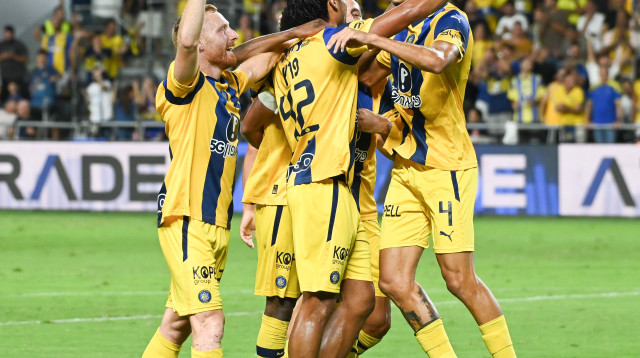 שחקני מכבי תל אביב חוגגים (צילום: ברני ארדוב)