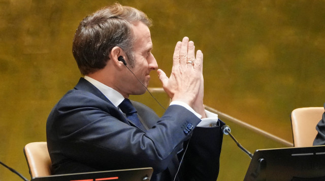 נשיא צרפת עמנואל מקרון בוועידה לפתרון שתי המדינות באו"ם (צילום: רויטרס)