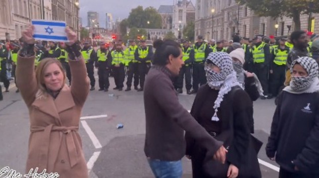 ישראלית בלונדון מניפה דגל ישראל בהפגנה פרו פלסטינית  (צילום: מסך)