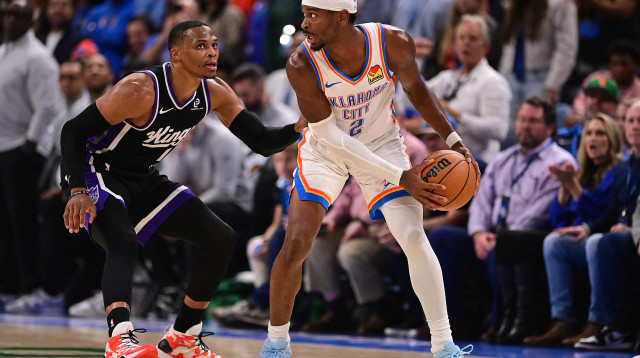 שיי גילג'ס-אלכסנדר, אוקלהומה סיטי ת'אנדר לצד ראסל ווסטברוק, סקרמנטו קינגס (צילום: GettyImages)