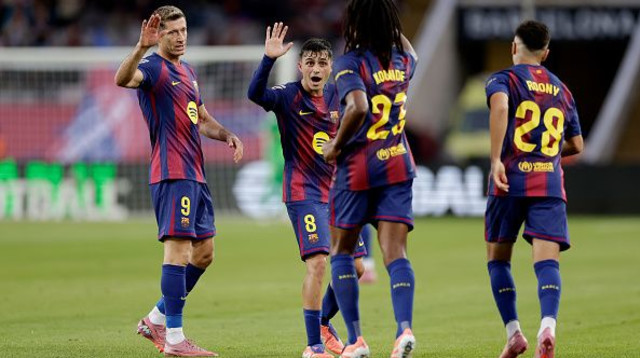 שחקני ברצלונה חוגגים (צילום: Soccrates Images)