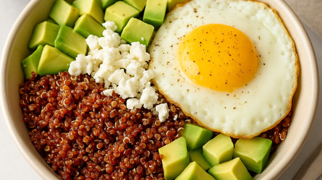 קערת בוקר עם קינואה אדומה, ביצה, אבוקדו וגבינת פטה (צילום: AI)