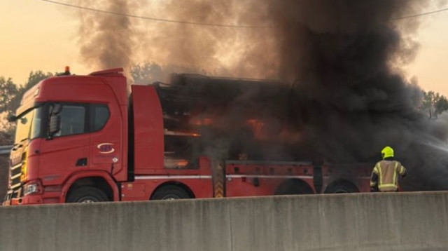 המשאית השרופה על כביש 1 (צילום: רשתות חברתיות)