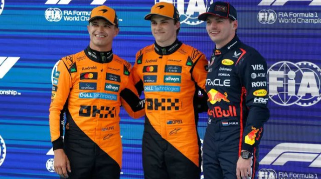 הטופ 3 של מקצה הדירוג. מקס ורסטאפן לצד אוסקר פיאסטרי ולנדו נוריס (צילום: רויטרס)