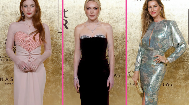 מימין לשמאל: ג'יזל בינדשן, לינדזי לוהן, אמה רוברטס (צילום:  Taylor Hill/Getty Images)