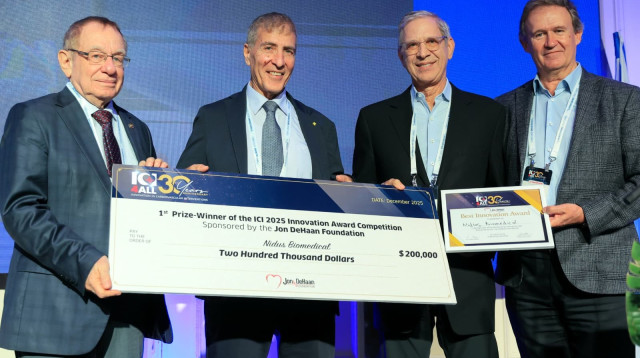 כנס החדשנות בקרדיולוגיה ICI. משמאל: Rafi Beyar, Chaim Lotan, Stan Rowe, Jose Calle Gordo  (צילום: אסי אפרתי דוברות כנס ici)