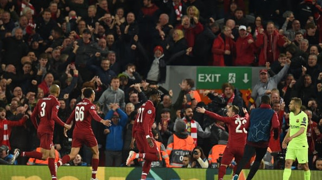 דיבוק אוריגי ושחקני ליברפול ב-2019 מול ברצלונה (צילום: OLI SCARFF / Contributor)