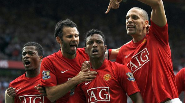 נאני במדי ונייטד לצד גיגס ופרדיננד (צילום: ANDREW YATES / Stringer)