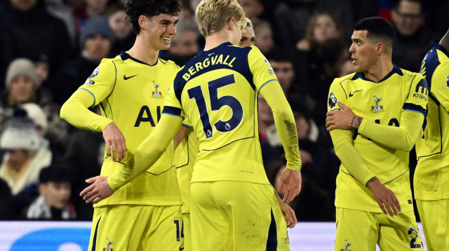 שחקני טוטנהאם חוגגים עם ארצ'י גריי (צילום: רויטרס)