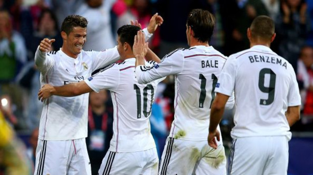 שחקני ריאל מדריד חוגגים, עונת 2014/15 (צילום: Clive Mason)