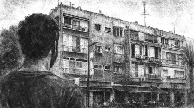 איור של גבר מביט על בניין תל אביבי (צילום: AI)