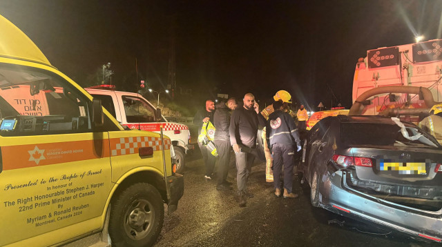 תאונה קטלנית בין רכב למשאית בכביש 65 בסמוך לצומת מי עמי (צילום: תיעוד מבצעי מד"א)