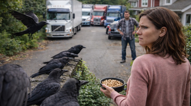 אישה עם קערת בוטנים והעורבים (צילום: AI)