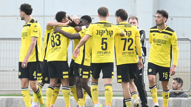 שחקני מכבי נתניה חוגגים (צילום: ברני ארדוב)