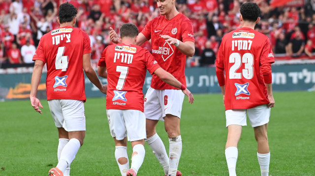 שחקני הפועל תל אביב חוגגים (צילום: ברני ארדוב)