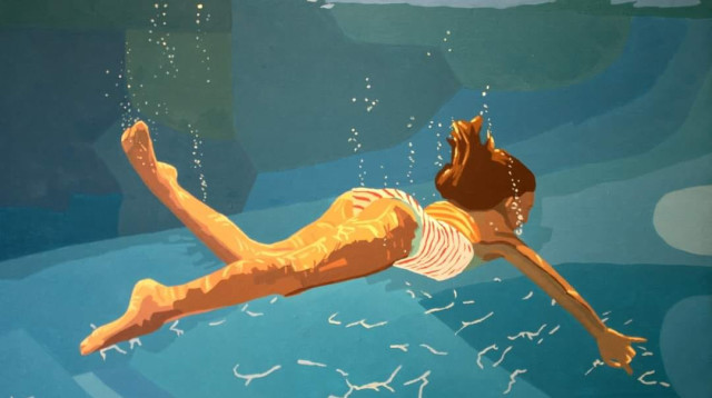 צוללת בבריכה. שמן על בד (צילום: גיל הלר)