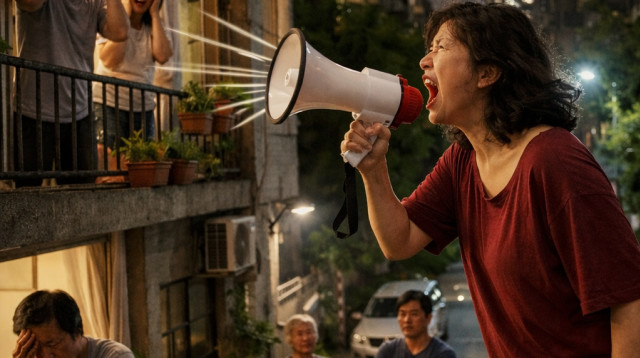 אישה שקיללה את השכנים עם מגפון (צילום: AI)