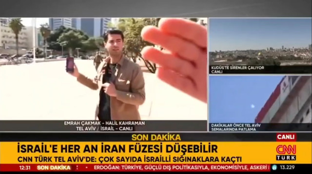 הכתב הטורקי שנעצר בשידור חי מול הקריה (צילום: צילום מסך)