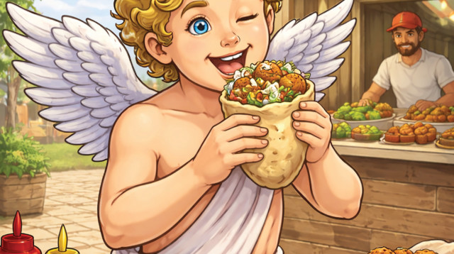 קופידון אוכל פלאפל (צילום: AI)