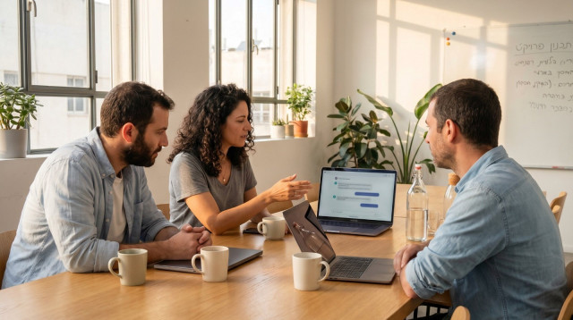 ישיבת עבודה בחברת הייטק ישראלית. הצוות בודק מה מנועי ה-AI ממליצים כשלקוח שואל על ספקים בתחום שלהם (צילום: יחצ)