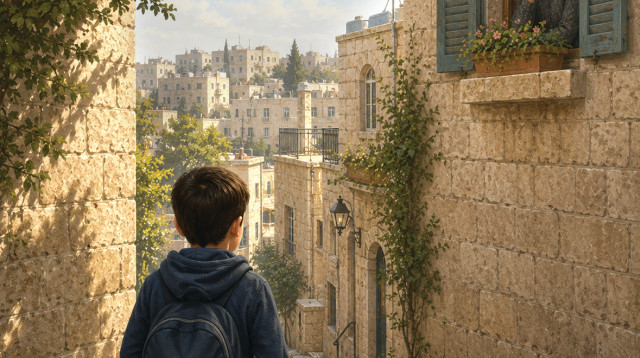 הרומן “שיעורים בהתנהגות״, ילד בירושלים (צילום: AI)