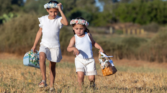 ילדות במושב ישרש נושאות סלי ביכורים לחג השבועות, 29.5.25 (צילום: יוסי אלוני פלאש 90)