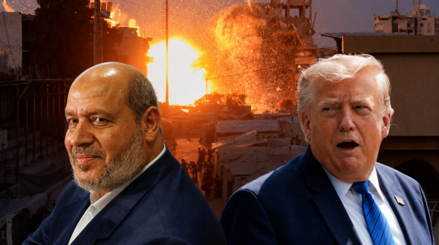 דונלד טראמפ וחליל אל חיה על רקע פיצוץ ברצועת עזה (צילום: רויטרס,AI)
