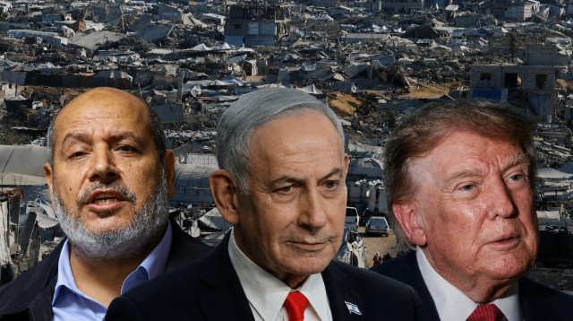 דונלד טראמפ, בנימין נתניהו וחליל אל-חיה על רקע הריסות עזה (צילום: רויטרס)