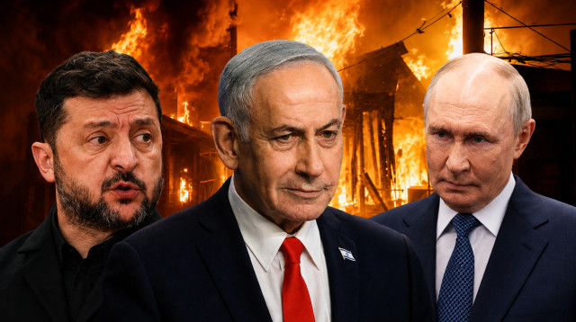 ולדימיר פוטין, בנימין נתניהו וולדימיר זלנסקי על רקע תקיפה רוסית בקייב (צילום: רויטרס)