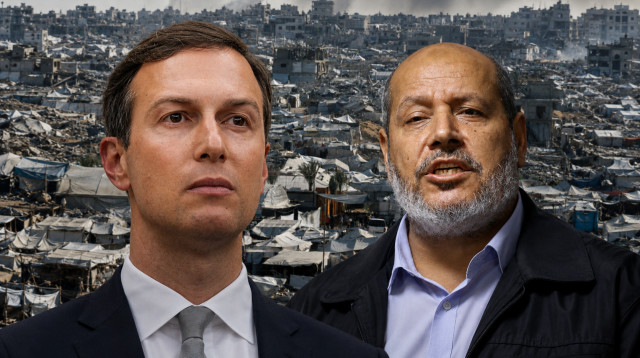 חליל אל חיה וג'ארד קושנר על רקע הריסות בעזה (צילום: רויטרס)