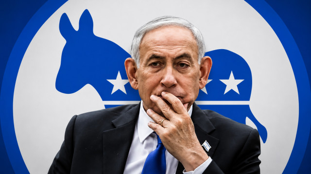 בנימין נתניהו על רקע המפלגה הדמוקרטית (צילום: בינה מלאכותית)